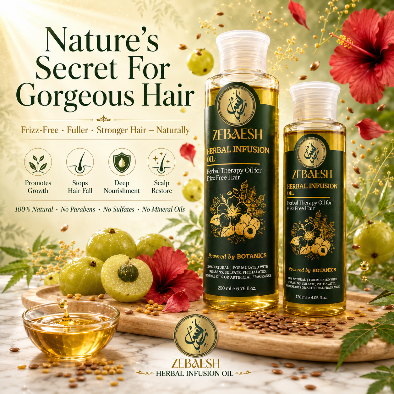 Zebaesh Herbal Infusion Oil 120ml and 200ml — Natural Hair Growth Oil with Amla, Hibiscus, Fenugreek and Rosemary — Paraben Free Sulfate Free