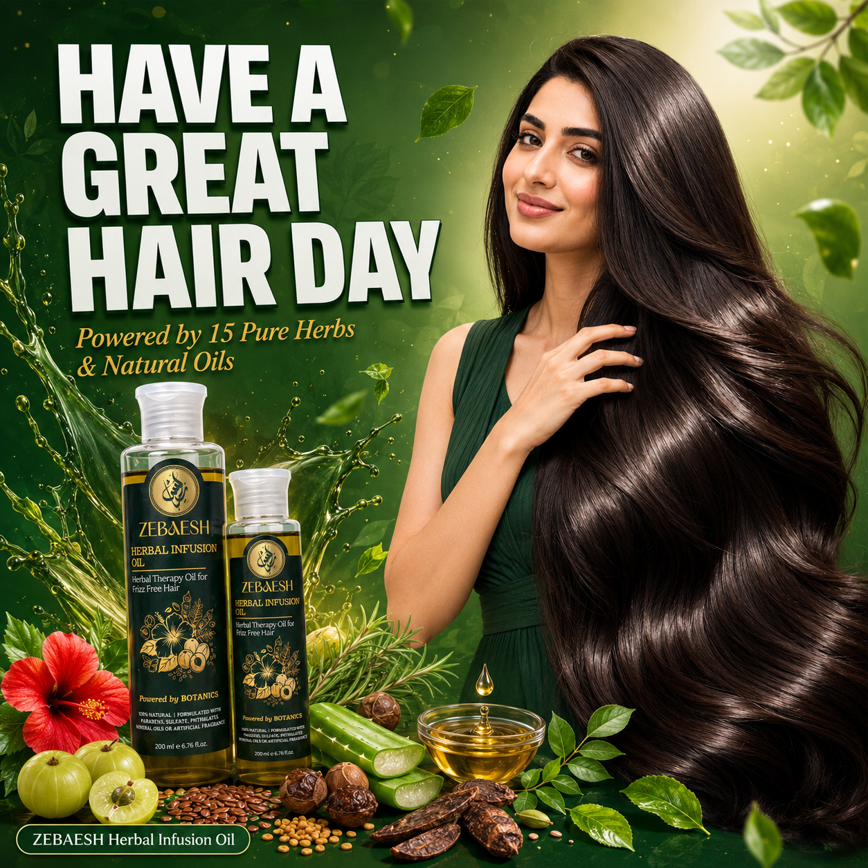 Woman with Long Thick Hair Using Zebaesh Herbal Infusion Oil — Natural Hair Oil Powered by Pure Ayurvedic Herbs and Natural Oils for Frizz Free Beautiful Hair