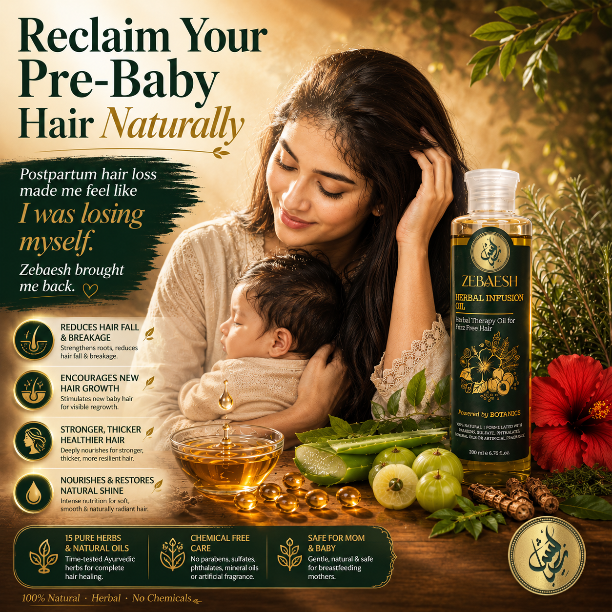 Zebaesh Herbal Infusion Oil for Postpartum Hair Loss — Natural Herbal Hair Oil that Reduces Hair Fall, Encourages New Growth and Restores Hair After Pregnancy — Safe for Mom and Baby