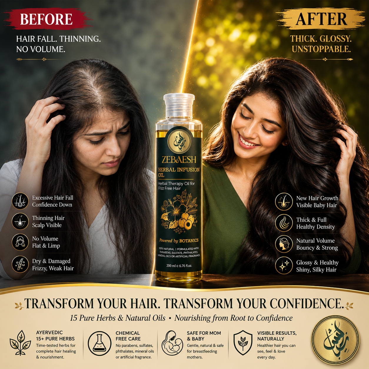 Before and After Zebaesh Herbal Infusion Oil — Hair Fall and Thinning Before vs Thick Glossy Voluminous Hair After — Natural Hair Fall Treatment Oil