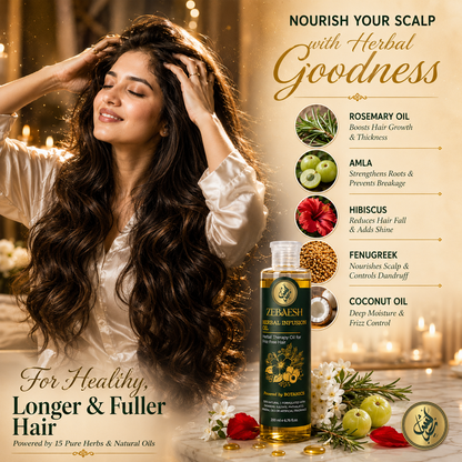 Woman Massaging Zebaesh Herbal Infusion Oil into Scalp — Key Ingredients Rosemary Oil Amla Hibiscus Fenugreek Coconut Oil — For Healthy Longer Fuller Hair Naturally