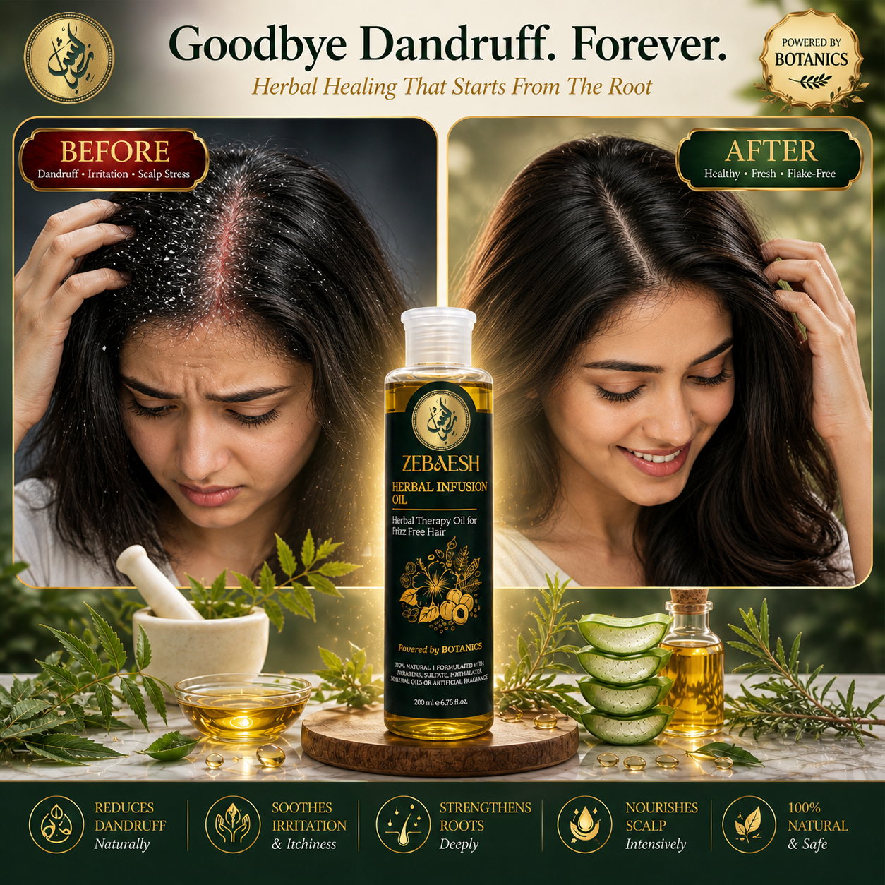 Before and After Zebaesh Herbal Infusion Oil for Dandruff — Flaky Itchy Scalp Before vs Clean Healthy Flake Free Scalp After — Natural Anti Dandruff Herbal Hair Oil