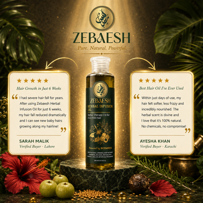 Zebaesh Herbal Infusion Oil Customer Reviews — Sarah Malik Hair Growth in 6 Weeks and Ayesha Khan Best Hair Oil Review — Verified Buyers Lahore and Karachi — Pure Natural Powerful
